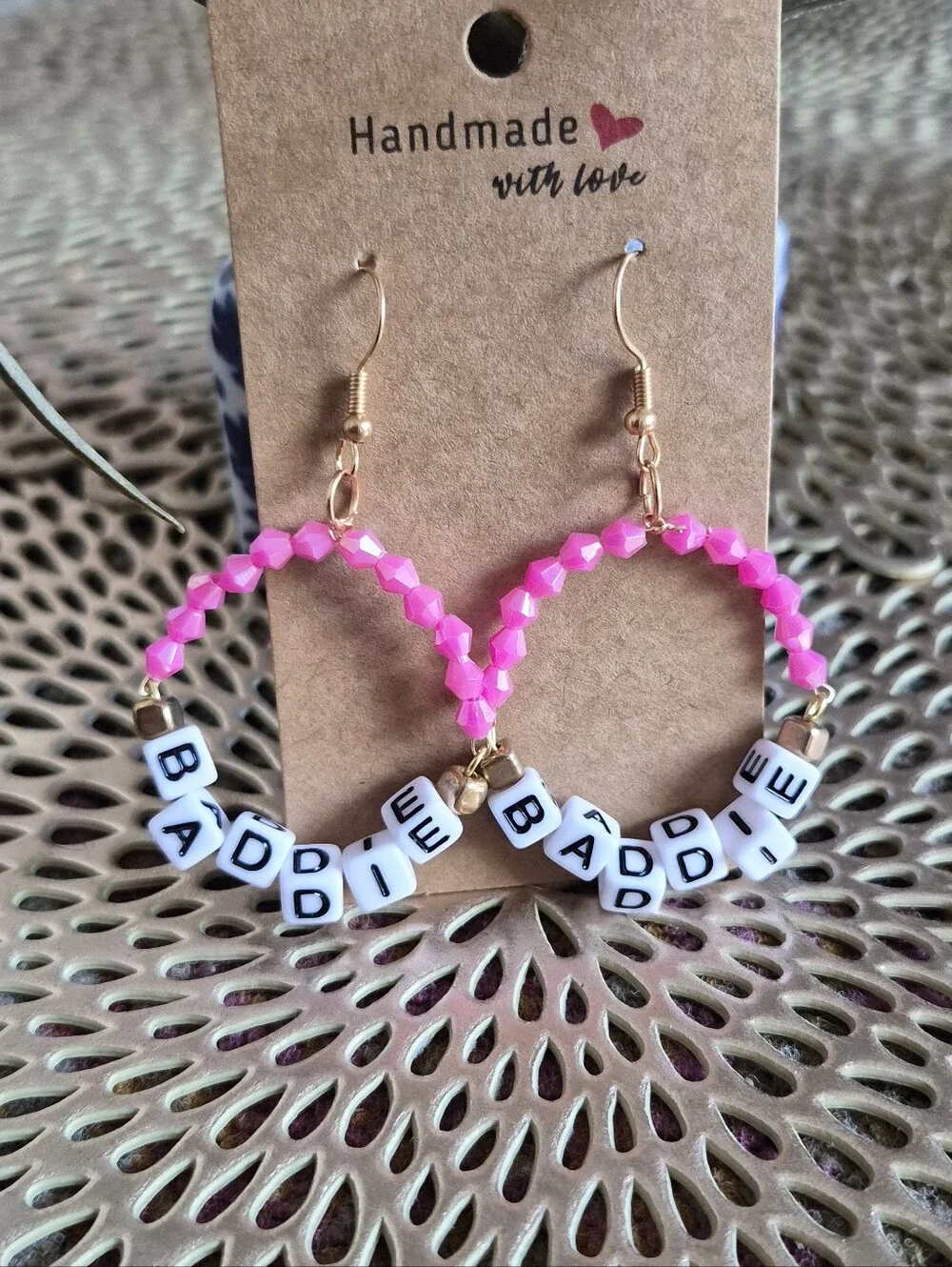 Handmade Pink Beaded 'Baddie' Hoop Earrings